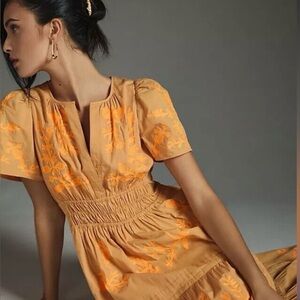 Anthropologie Somerset Embroidered Tan & Orange Smocked Waist Maxi Dress